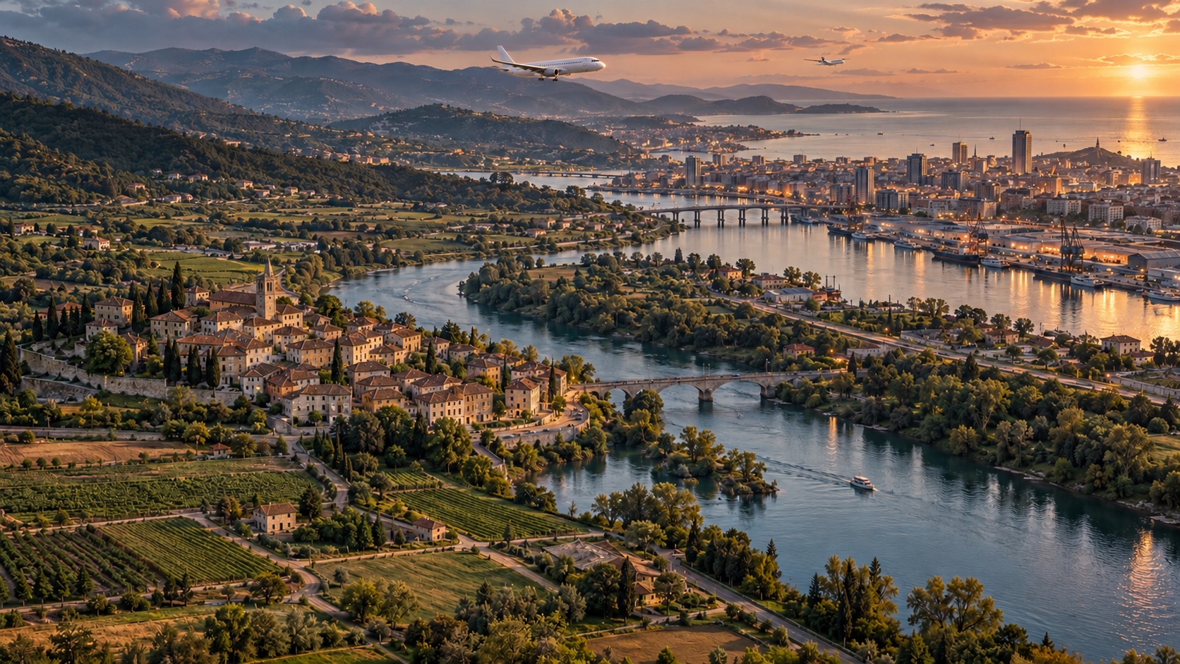 A rural community connected by a river and roads to a distant modern city.