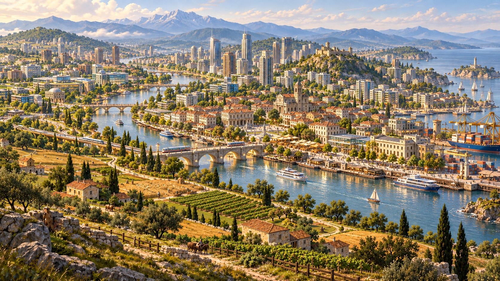 An established metropolitan country with public infrastructure and a modern skyline.